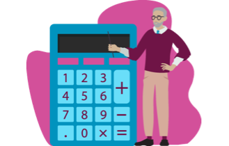 Illustration of a man standing next to a giant calculator.