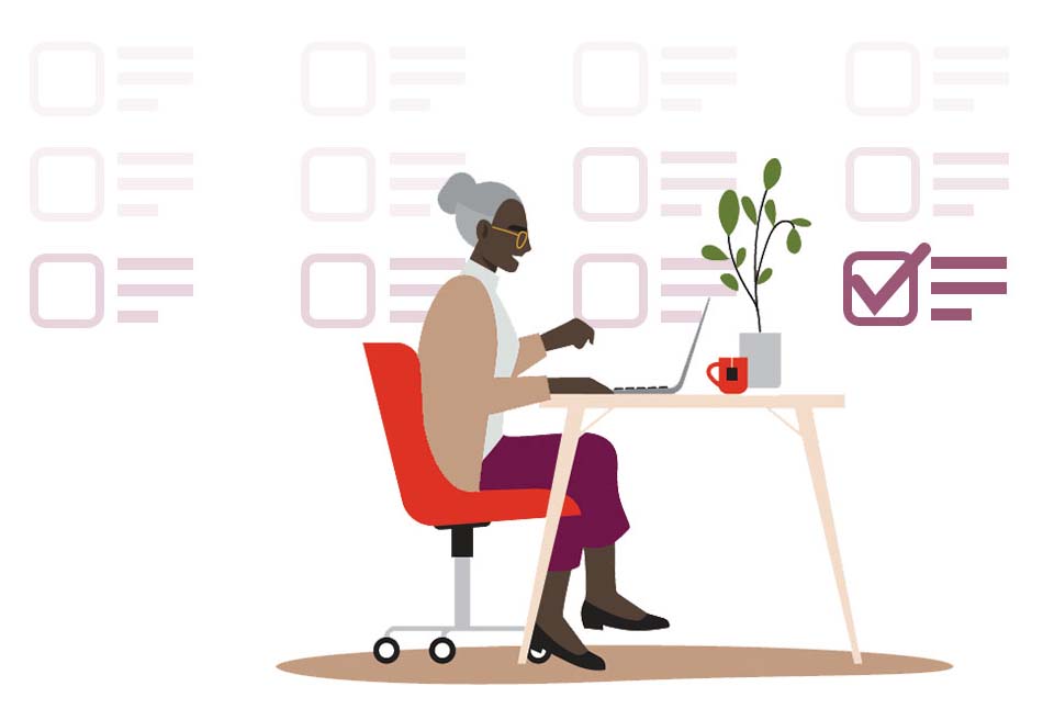 An illustration of a woman sitting on a desk working on her laptop and accomplishing tasks.